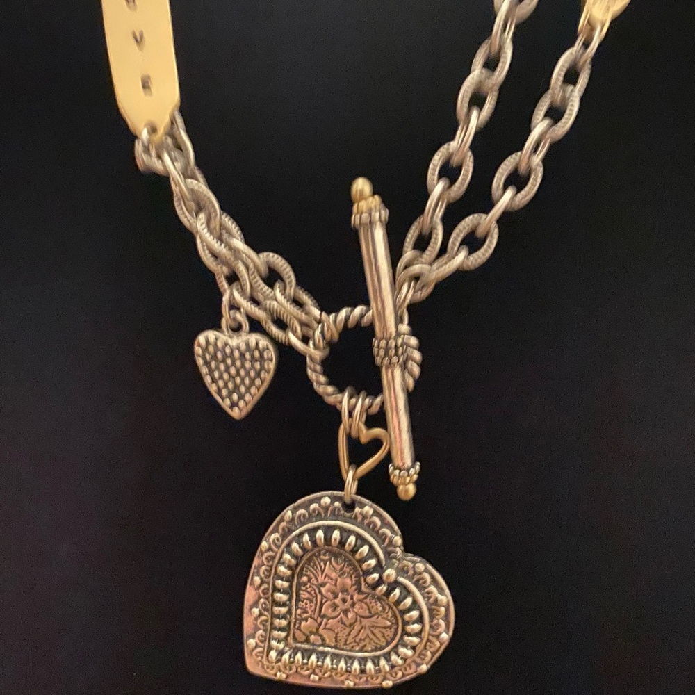 Double Chain Layered Heart Charm Silver Tone Toggle Necklace. Valentines Day.